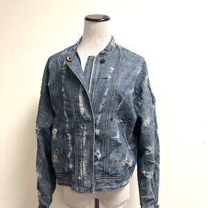 Free People blue denim distressed zip moto bomber cotton jacket New S